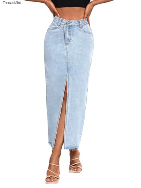 Dresses & Skirts - High Waist A-Line Maxi Denim Skirt with Front Split & Raw Hem